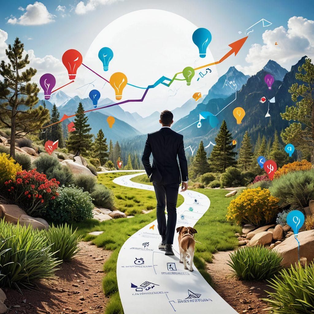 A dynamic scene depicting a confident young entrepreneur navigating a vibrant, complex landscape filled with various financial symbols like graphs, dollar signs, and lightbulbs representing innovation. Incorporate a winding path leading through this landscape, with bright arrows indicating growth and opportunities, alongside silhouettes of startups and investment icons. The colors should be vivid and engaging, reflecting optimism and creativity. super-realistic. vibrant colors. white background.