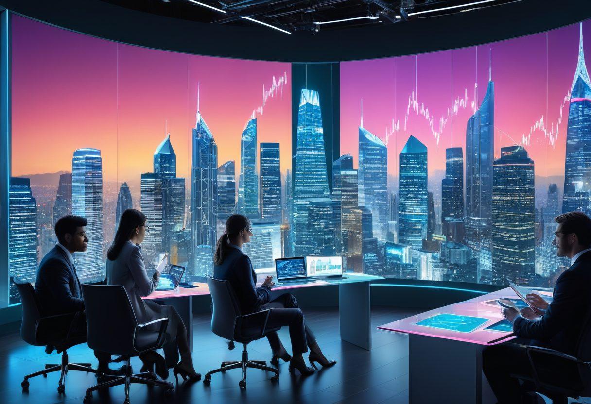 A modern financial landscape depicting a diverse group of professionals discussing banking, venture capital, and wealth management. Include a futuristic city skyline in the background and digital graphs in the foreground representing growth and investment. Highlight cultural diversity among the professionals to reflect a global perspective. Elements of technology and finance should intertwine seamlessly throughout the image. super-realistic. vibrant colors. 3D.