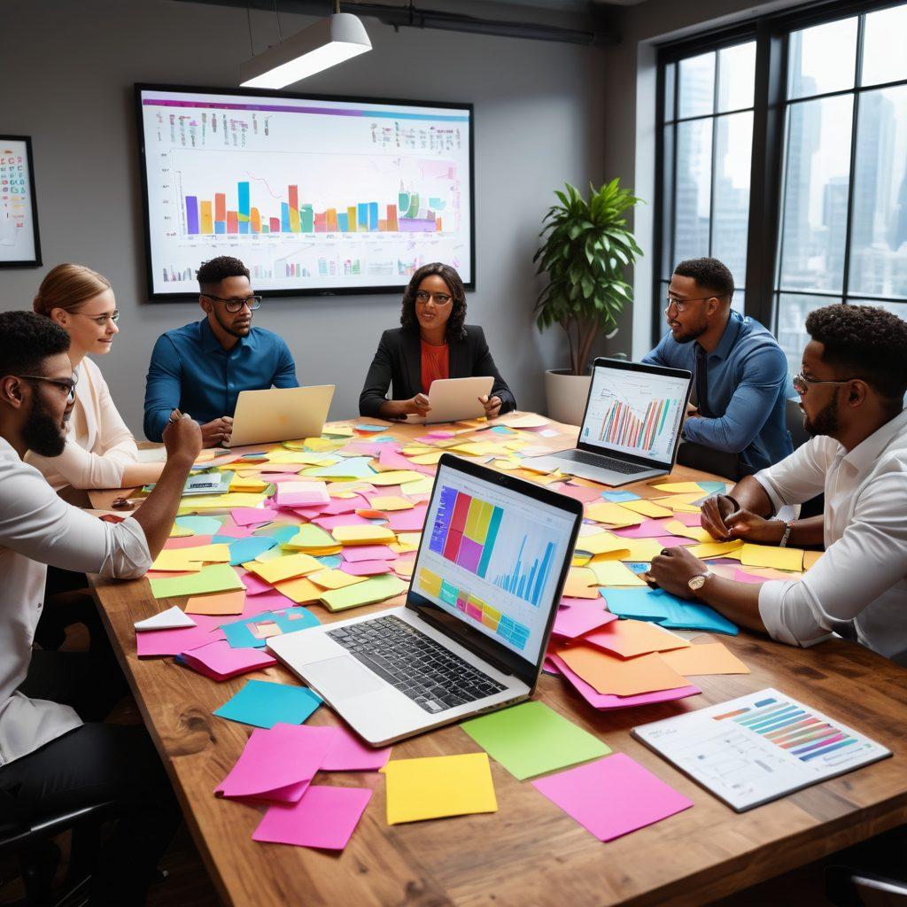 A vibrant and dynamic scene of diverse entrepreneurs brainstorming financial plans around a large table, surrounded by charts, laptops, and colorful sticky notes. In the background, a digital screen displays rising stock graphs and investment strategies, symbolizing growth and success. The atmosphere is energetic and collaborative, highlighting creativity in financial planning. Bright, motivating colors enhance the essence of entrepreneurship. super-realistic. vibrant colors. 3D.